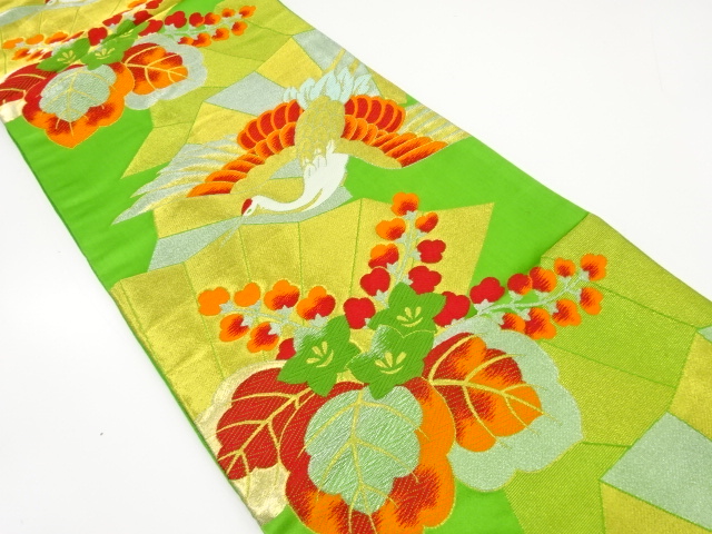 JAPANESE KIMONO / ANTIQUE FUKURO OBI / SILK / WOVEN CRANE & PAULOWNIA